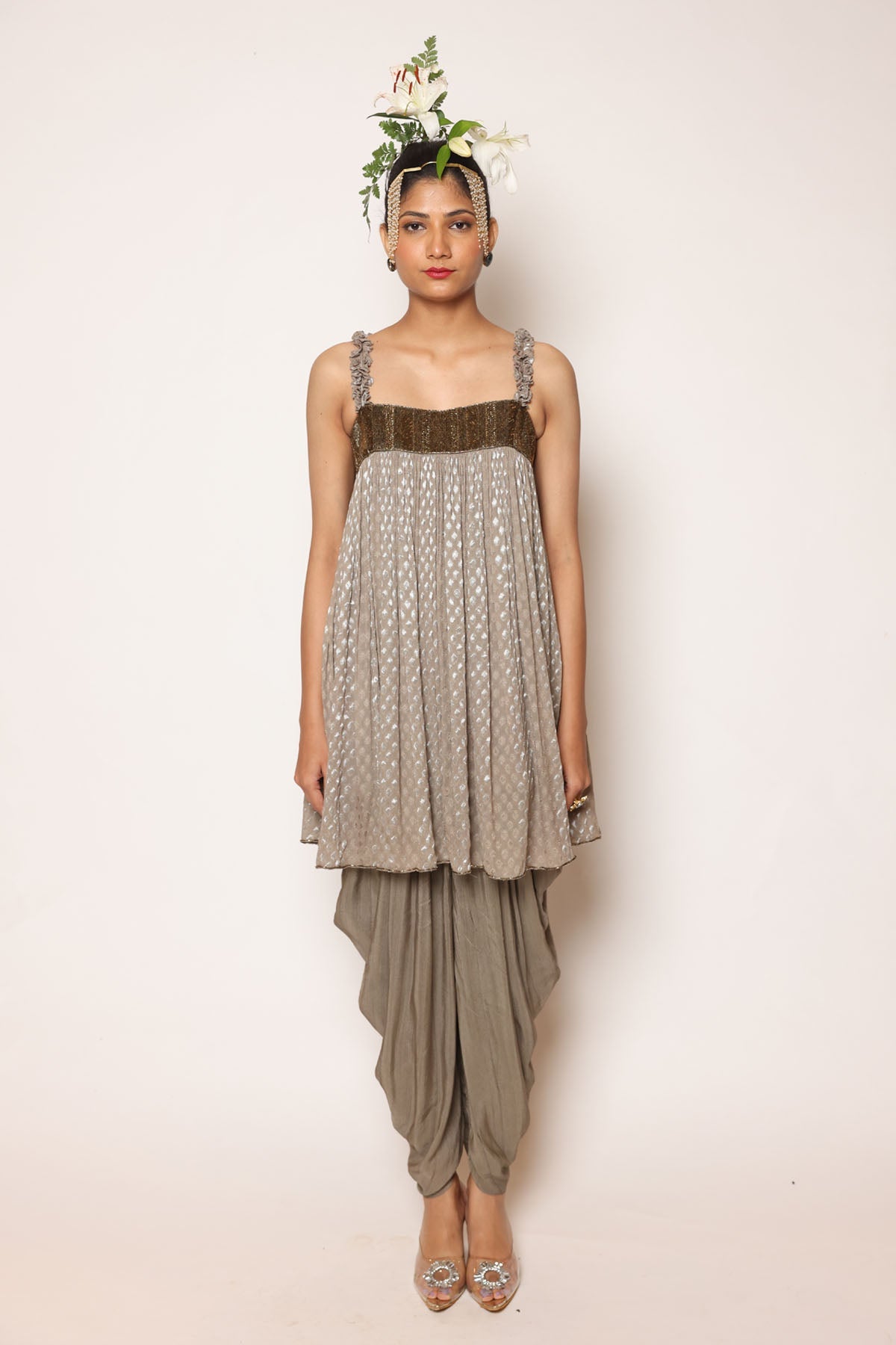 Greyish Gold Top & Dhoti Set at ScrollnShops